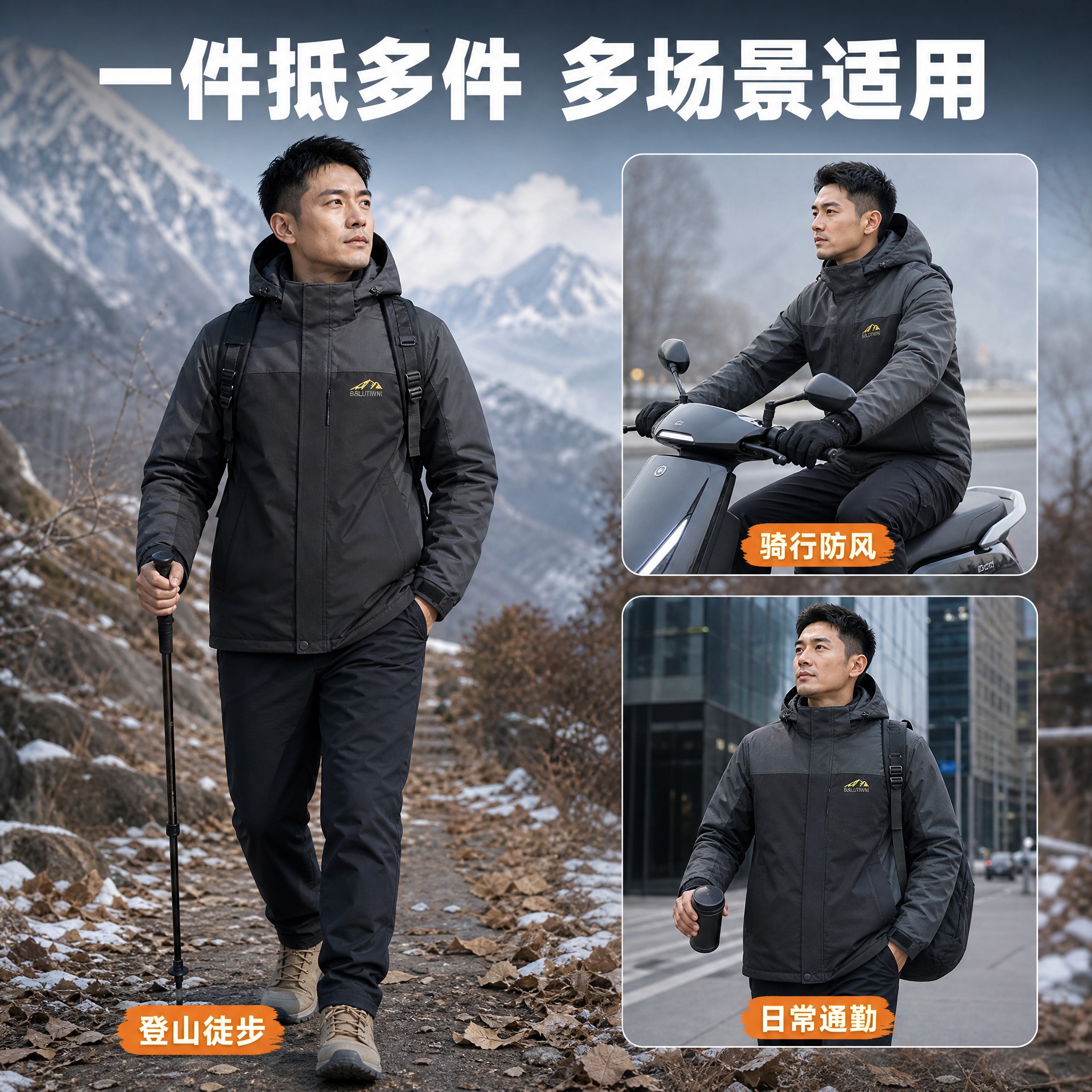 [主图-3] 多场景适用展示图：展示冲锋衣适用于登山、骑行、日… - 图片创意预览