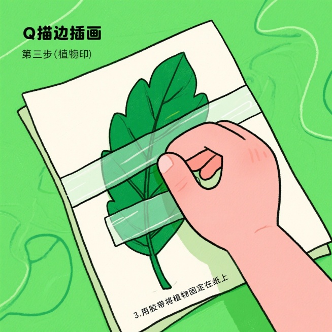 1.将植物浸泡在水（或盐水）中约20分钟
2.拿出浸泡好的植物擦干，摆在需要拓染的纸上
3.用胶带将植物固定在纸上
4.用橡胶锤均匀敲打
5.取下胶带晾干作品，每一步生成一张图预览效果