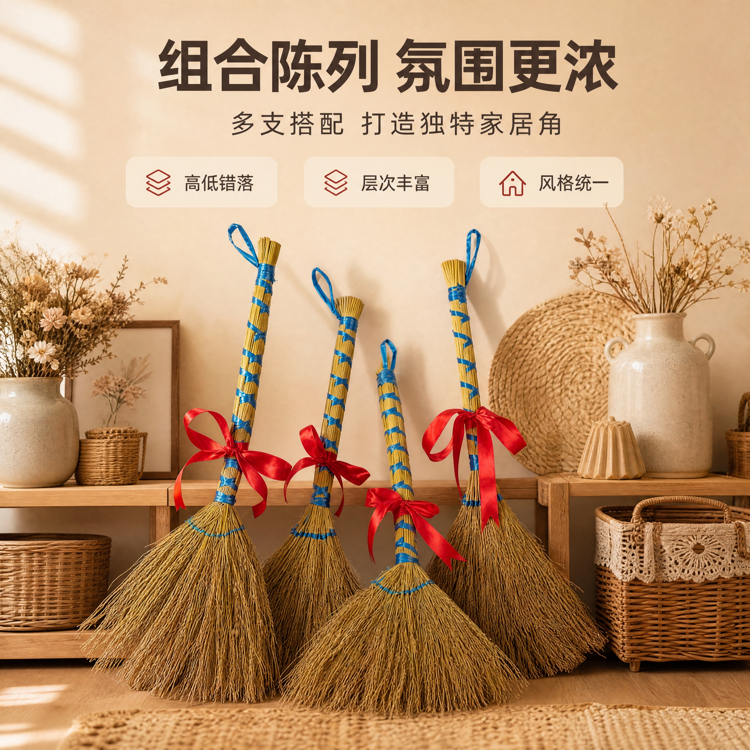 [商品] 使用【图5】四支糯稻草蓝绳捆扫把配红绳；保留每支扫把… - 图片创意预览