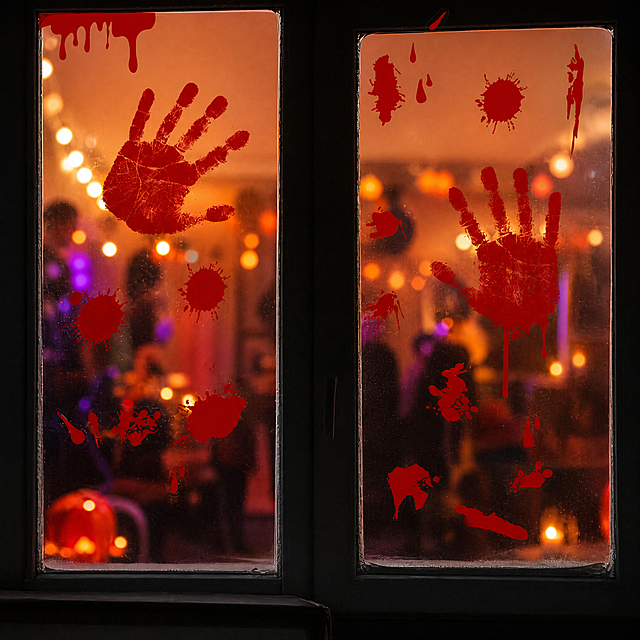Remove sensitive violent expressions, keep the Halloween festive atmosphere, adjust to a funny playful creepy party style, only keep the red handprint pattern on window glass, the content is appropriate complies with the generation standard. Halloween decal window decoration effect picture, red handprint sticker on glass, holiday party atmosphere, product pattern unchanged, 1:1 square, 2K resolution. Adjust the atmosphere to playful holiday style, do not have uncomfortable violence performance, comply with the content specification.