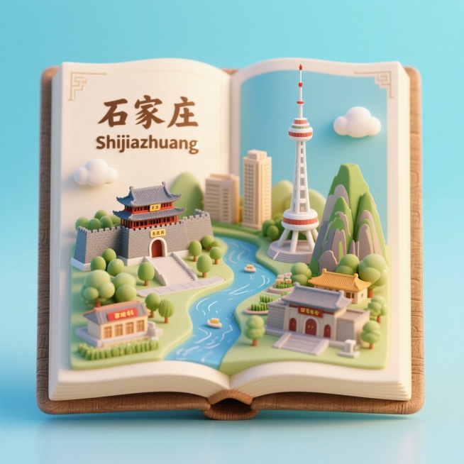 一本打开的古代书籍，书是打开的，书上是石家庄城市景观微缩模型，有石家庄的电视塔，正定城楼，滹沱河，五岳寨，西柏坡纪念馆，石家庄博物馆，上方有中文“石家庄”和英文“Shijiazhuang”，整体画面生预览效果