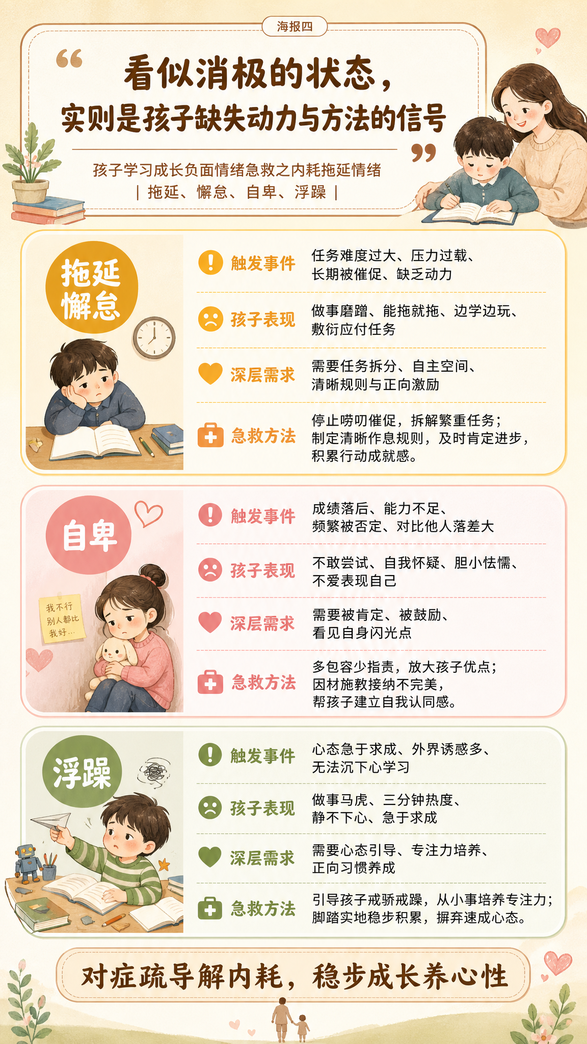 育儿知识宣传海报，主题为孩子学习成长负面情绪急救之内耗拖延情绪… - 图片创意预览