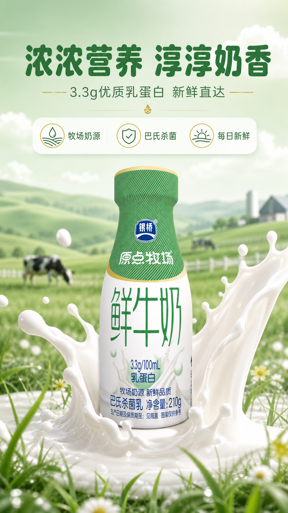[商品] 使用【图2】银桥原点牧场鲜牛奶210g瓶装产品；保留… - 图片创意预览