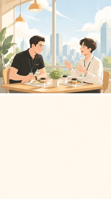 9比16竖版海报背景图，简约高级的扁平矢量插画风格，画面主体为一位身穿黑色polo、90年代出生的成熟男部长与一位年轻00后新员工在洒满阳光的食堂餐厅里相对而坐、共进午餐，两人手持餐盘，部长身体微微前预览效果