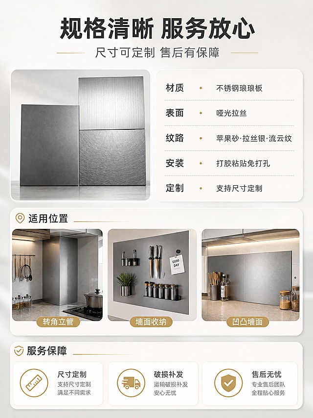 [商品] 使用【图1】不锈钢琅琅板样块图：保留哑光拉丝银灰表面质感与不锈钢原色，产品为竖版磁吸琅琅墙；商品处理：去除样块上的白色文字标注，保留真实材质肌理。
[画面] 第8张规格与服务图，页面目标展示产品参数、适用墙面与售后保障。构图骨架为上下分栏参数卡型，上半部左侧为产品正面小图（占画面28%），右侧为规格信息卡，列出「材质 不锈钢琅琅板」「表面 哑光拉丝」「纹路 苹果砂·拉丝银·流云纹」「安装 打胶粘贴免打孔」「定制 支持尺寸定制」；下半部为适用位置与服务区，三个小图分别展示厨房转角包管、墙面收纳、台面靠墙位置，配标签「转角立管 / 墙面收纳 / 凹凸墙面」，下方三个横向服务图标卡「尺寸定制 / 破损补发 / 售后无忧」。背景为浅灰白渐变与米白卡片。
[视觉] 套系策略：风格=现代简约厨房商业摄影；标题字=现代无衬线粗体；正文字=简洁无衬线体；主色=浅灰白；背景延展=浅灰白与米白做深浅层级、同色渐变和细腻金属与木纹材质延展；强调色=暖金，仅用于小面积图标、引线和标签；标题色=深炭灰；正文色=中灰；组件=圆角浅底信息卡、细线引线；光影=左前侧暖调自然光加顶部灯带柔光。
[文字] 顶部主标题「规格清晰 服务放心」≤10字，副标题「尺寸可定制 售后有保障」；上部规格卡五行参数「材质 不锈钢琅琅板 / 表面 哑光拉丝 / 纹路 苹果砂·拉丝银·流云纹 / 安装 打胶粘贴免打孔 / 定制 支持尺寸定制」；下部标签「转角立管 / 墙面收纳 / 凹凸墙面」与服务图标「尺寸定制 / 破损补发 / 售后无忧」。文字横向排版，位于各分区负空间，不遮挡产品主体。
[规格] 图片比例3:4竖版，4K，避免变形、错字、文字过小、产品颜色改变、第三方品牌Logo、水印、AI生成标识、平台Logo。