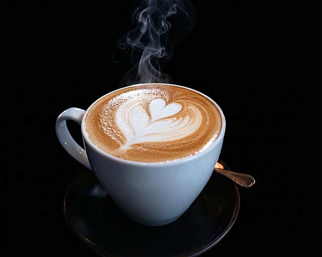 保持这张拿铁咖啡的原有拍摄角度、拉花造型和咖啡本身不变，将所有背景替换为完全纯净的纯黑色，不改变咖啡和杯子的细节