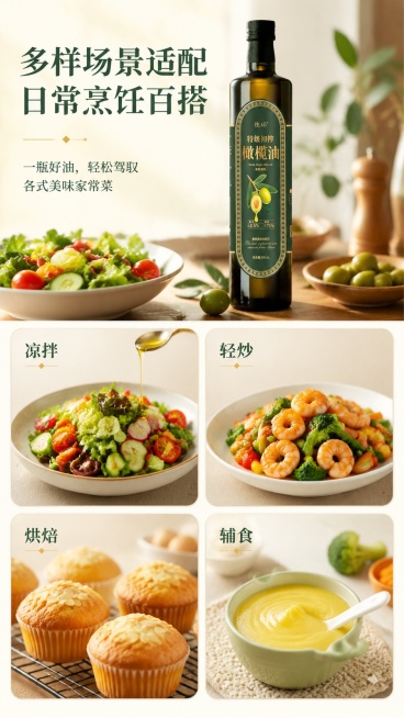 [第7屏] 多样场景适配，展示快砳特级初榨橄榄油多样烹饪使用场景。本屏使用【图1】作为商品主体。
[氛围/风格] 温馨家常烟火气，真实厨房餐桌场景，治愈生活感，商业美食摄影质感。
[元素布局] 画面上预览效果