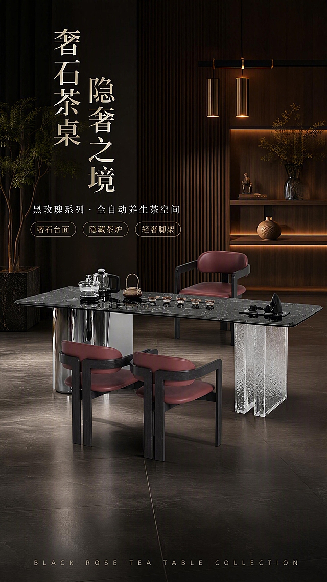 [第1张] 详情页头图-黑玫瑰奢石全自动茶桌茶室空间主视觉。本张使用【图1】作为商品主体，保持茶桌结构、奢石台面、不锈钢柜筒+亚克力脚、红棕色椅子的外观与颜色完全一致。
[氛围/风格] 现代轻奢高级茶室氛围，深色调商业摄影质感，静谧雅致的东方现代美学，光影层次丰富。
[元素布局] 茶桌置于画面中下部，占比约60%，45°斜侧视角展示全貌；背景为现代轻奢茶室空间，包含木质格栅背景墙、柔和暖光吊灯、绿植装饰、艺术摆件；前景地面为深色哑光地砖；茶桌上摆放茶具、茶壶、茶杯，右侧内嵌乌金石茶盘清晰可见；左侧不锈钢柜筒+右侧亚克力脚的脚架结构完整呈现。
[光影质感] 右上方主光源柔和打光，台面有自然高光反射，脚架金属与亚克力材质呈现通透质感；左侧辅光补光，阴影柔和有层次，整体暗调高级。
[配色色系] 全局底色 #1A1A1A 深黑灰；主色黑玫瑰深色调+奢石纹理；辅助色酒红色椅子、暖金色灯光点缀。
[视角构图] 45°斜侧微俯视，产品为视觉中心，阅读动线左上标题→中部产品→底部信息条。
[文字版式] 左上竖列标题区。主标题「奢石茶桌 隐奢之境」，副标题「黑玫瑰系列 · 全自动养生茶空间」，下方3个亮点胶囊「奢石台面」「隐藏茶炉」「轻奢脚架」；底部通栏英文小字「BLACK ROSE TEA TABLE COLLECTION」；文字不遮挡茶桌主体。
[比例分辨率] 9:16竖版比例，4K分辨率，文字清晰可辨，高清画质。
[负向提示词] 茶桌变形，缺件错件，结构错误，颜色偏差，水印，文字错乱，文字过小，产品图模糊，背景杂乱，人物出现。