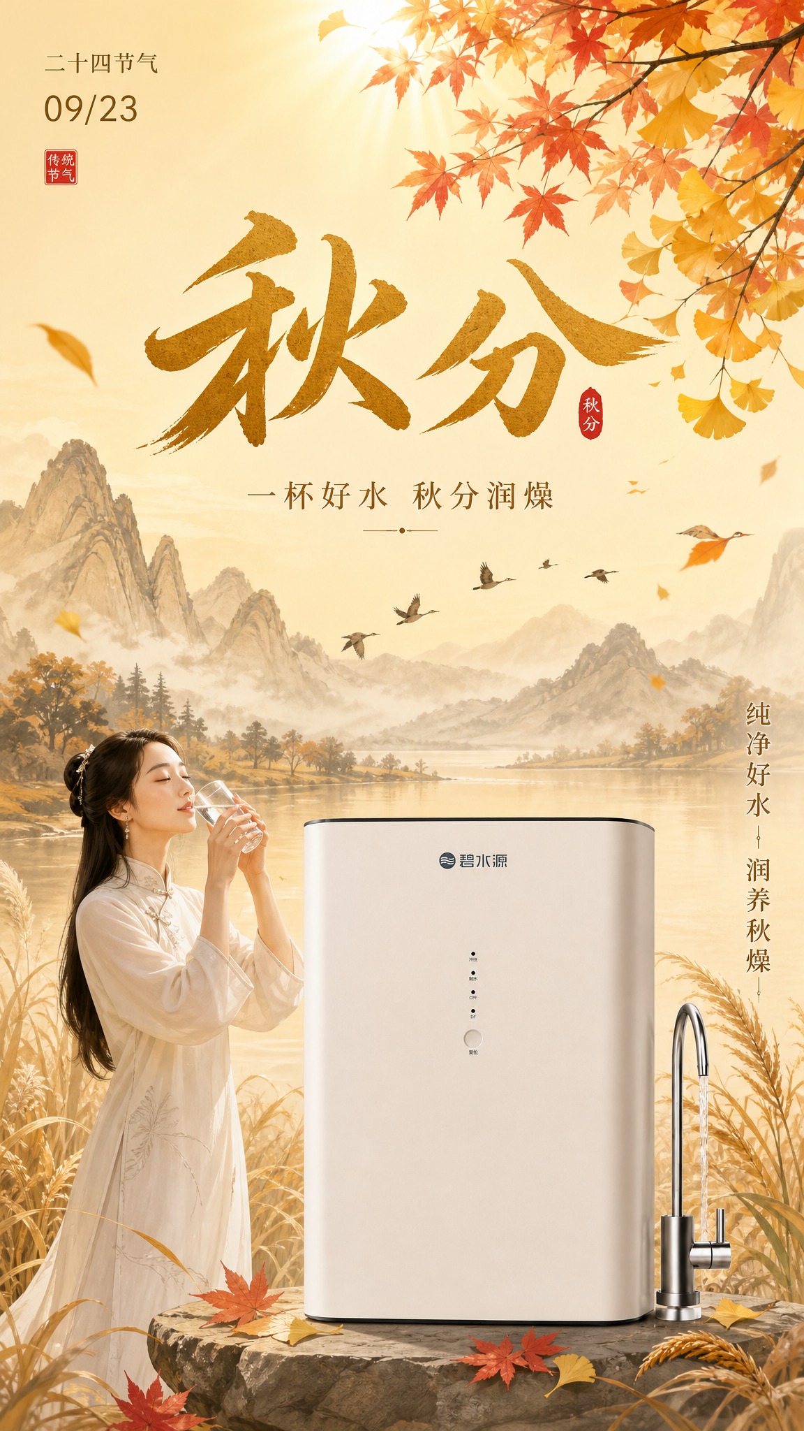 将原立秋净水机海报改为秋分节气净水机海报，国风新中式风格，竖版… - 图片创意预览