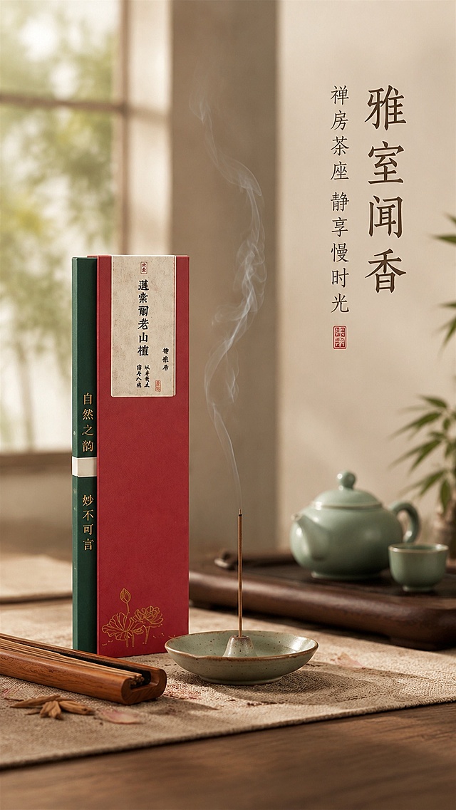 [第2屏] 详情页场景种草-迈索尔老檀线香茶室使用场景。本屏使用【图1】中的线香产品提取主体做展示。
[氛围/风格] 新中式茶室沉浸场景，静谧雅致氛围感，暖调自然光，写实商业摄影质感。
[元素布局] 点燃的线香放置在茶桌案台上，主体占比约60%；背景搭配青瓷茶器、棉麻桌布，窗边漏进柔和自然光，营造雅致闲适的品茶闻香氛围；保持线香包装外观颜色与原图一致。
[光影质感] 侧方自然光漫射，香雾轻柔通透，桌面自然浅投影，整体光影柔和舒缓，突出宁静氛围感。
[配色色系] 全局底色 #F0EADC；主色：原木棉麻色；辅助色：青瓷青、深棕茶盘、红色包装点缀。
[视角构图] 平视微俯视角，浅景深突出主体，阅读动线：整体场景→焦点线香→右侧文案，构图自然舒适。
[文字版式] 左侧场景+右侧文案排版。主标题「雅室闻香」，副标题「禅房茶座 静享慢时光」，竖排文字，古朴字体，不遮挡主体场景。
[比例分辨率] 9:16 竖版比例，4K分辨率，文字清晰可辨，高清画质。
[负向提示词] 产品变形，包装文字错乱，颜色偏差，背景杂乱，文字遮挡主体，水印，文字模糊。