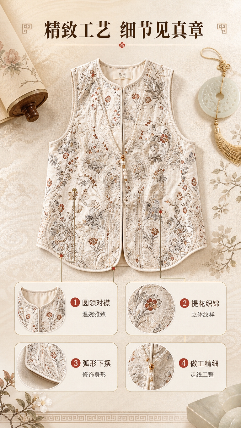 [商品] 使用【图3】新中式米杏色提花马甲；商品处理：保留圆领… - 图片创意预览