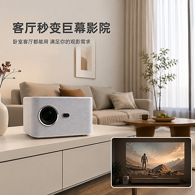 [主图-4] 投影仪居家使用场景效果展示页
[氛围风格] 温馨现代客厅场景，生活氛围感
[画质] 高清生活场景摄影，产品真实自然
[元素] 浅灰色布艺纹理投影仪放置在客厅白色电视柜上，保持投影仪产品外观、结构、材质颜色与原图绝对一致，不允许变形色差。背景是现代简约客厅，浅灰色沙发，灰色落地窗纱，傍晚柔和自然光，画面整体温馨干净。下方增加一个小画框，展示投影仪投放出来的巨幕电影效果，画面清晰色彩自然。产品在场景中自然融入，不突兀，主体仍然突出
[光影] 傍晚柔和自然光从窗户射入，整体光线温暖通透，产品有自然明暗阴影，场景真实氛围感强
[配色] 整体色调米白+浅灰+暖木色，温馨舒适
[视角构图] 平视场景构图，投影仪在前景偏左下，巨幕效果小画框在右下，前景背景层次分明，景深自然
[文字版式] 左上负空间左对齐写主标题“客厅秒变巨幕影院”，深灰色粗体，下方小字写“卧室客厅都能用 满足你的观影需求”，文字不遮挡投影仪主体
[输出要求] 1:1比例，文字清晰，超高清真实场景摄影质感
[负向提示词] 变形，文字错乱，产品变形色差，背景杂乱，水印，电商平台Logo，遮挡投影仪主体