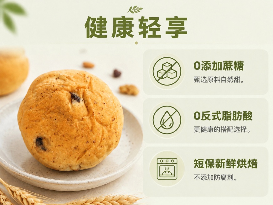 将本图中所有英文替换为中文，保持原有设计版式、颜色、产品位置和整体风格不变，替换内容如下：主标题健康轻享；卖点1：0添加蔗糖，甄选原料自然甜；卖点2：0反式脂肪酸，更健康的搭配选择；卖点3：短保新鲜烘预览效果