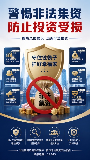 帮我设计一个主题为：警惕非法集资，防止投资受损，像素要求8K清晰度，预览效果