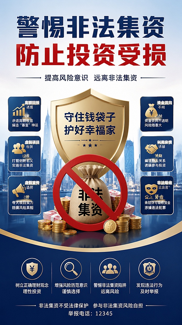 帮我设计一个主题为：警惕非法集资，防止投资受损，像素要求8K清晰度，