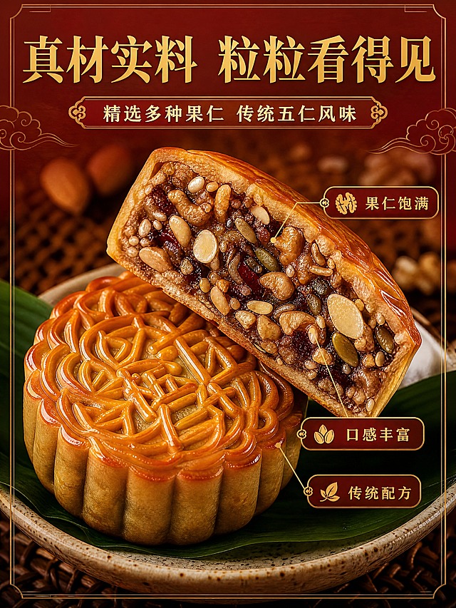 [商品] 使用【图1】五仁月饼；保留月饼表面花纹、棕黄色油亮饼皮、五仁内馅中核桃仁/杏仁/瓜子仁等果仁颗粒的真实形态与色泽，保留切开剖面的层次结构。
[画面] 目标：真材实料质地特写，突出五仁月饼果仁饱满、粒粒看得见。构图：居中大特写，切开的半块月饼斜搭在整块月饼上，占据画面核心位置。主体占画面约75%。景别：微距特写。前中后景：前景月饼底部带粽叶与古朴瓷盘边缘，中景月饼主体剖面正对镜头，后景暖棕色虚化编织垫与散落坚果。阅读动线：顶部标题→中央月饼剖面→底部卖点。
[视觉] 套系策略：风格=中式传统喜庆商业摄影风；标题字=宋体加粗带衬线，端庄大气；正文字=简洁黑体；主色=中国红+鎏金；背景延展=基于深红与暖棕做深浅层级、同色渐变和细腻木纹/宣纸质感；强调色=暖金色，仅用于小面积图标、引线、标签和装饰线条；标题色=鎏金色；正文色=深棕红；组件=金色细线边框、云纹装饰、印章式标签；光影=左前侧暖柔光，突出果仁颗粒的油润光泽与立体感。
[文字] 顶部主标题"真材实料 粒粒看得见"（8字），副标题"精选多种果仁 传统五仁风味"（12字）；画面右侧或底部3个短卖点：「果仁饱满」「口感丰富」「传统配方」；用金色引线从月饼剖面果仁处引出标注，文字不遮挡月饼主体剖面。
[规格] 图片比例3:4竖版，4K分辨率，负向提示：避免变形、错字、文字过小、冷蓝/蓝灰背景、月饼颜色改变、果仁失真、饼皮变形。