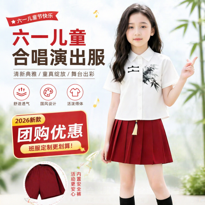 淘宝主图，简约风格，六一儿童合唱演出服，主题为六一儿童节合唱演出，服装是白色短袖衬衫搭配酒红色短裙和酒红色短裤，中式水墨竹子印花，展示女童单人穿着效果，排版吸睛，添加醒目的文案"六一儿童合唱演出服"，预览效果
