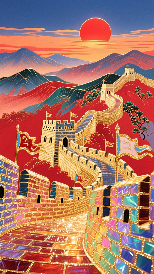 国潮风插画，融合中式感与复古美学，鎏金长城镶嵌彩琉璃，玻璃质感闪耀梦幻光辉，金属线条勾勒宏伟轮廓，唯美感与奢华感交织，呈现东方史诗级视觉盛宴。