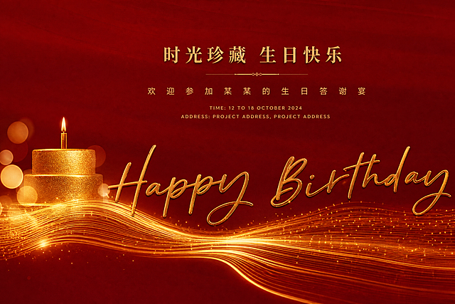 参考图的构图和版式，生成一张新的生日海报，高清质感，深红色背景，画面左侧有金色生日蛋糕和蜡烛，底部有金色流动线条光效，画面上方有中文主标题和副标题文字区域，中央有大的英文"Happy Birthday"艺术字，整体风格高端大气，红金配色，生日宴会氛围，保留原图的排版结构和视觉元素风格