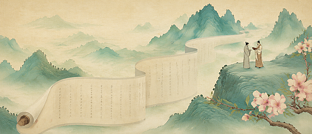 参考图中的中国风青绿山水卷轴创意画面，展开的古老宣纸卷轴从画面中蜿蜒延伸，卷轴上写有竖排毛笔书法文字，背景是层叠的青绿水墨山水，远山朦胧近山清晰，山巅上站着两位古装文人相对交谈，右下角有盛开的粉色桃花花枝，整体色调为淡雅的青绿、米白、暖米色，新中式国风水墨插画风格，质感温润古朴，意境悠远宁静，横版构图，画面比例为宽7:高3的超宽幅横版