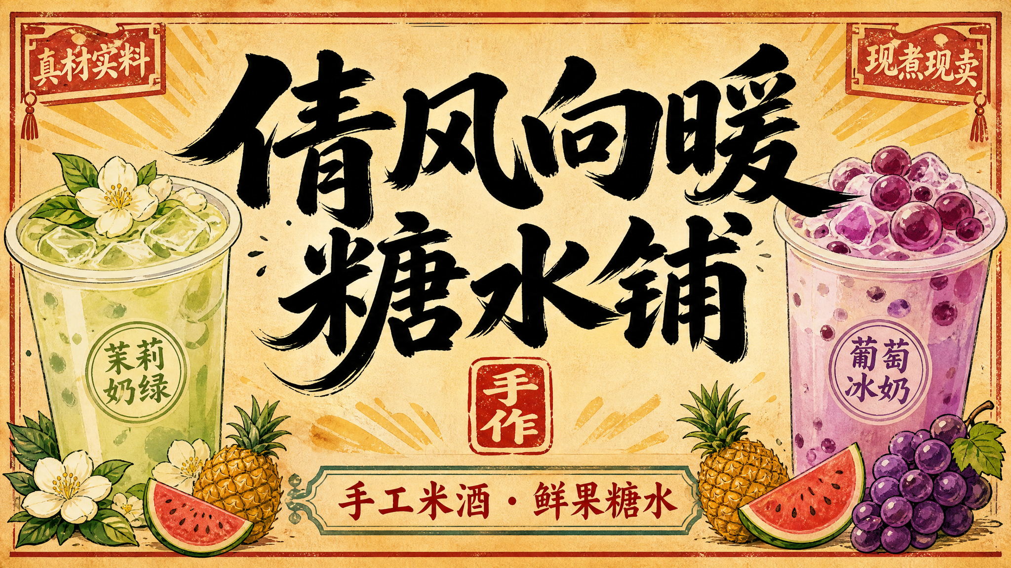 国潮手绘风格糖水铺灯箱广告，横版16:9，米白色复古纸张底色，… - 图片创意预览