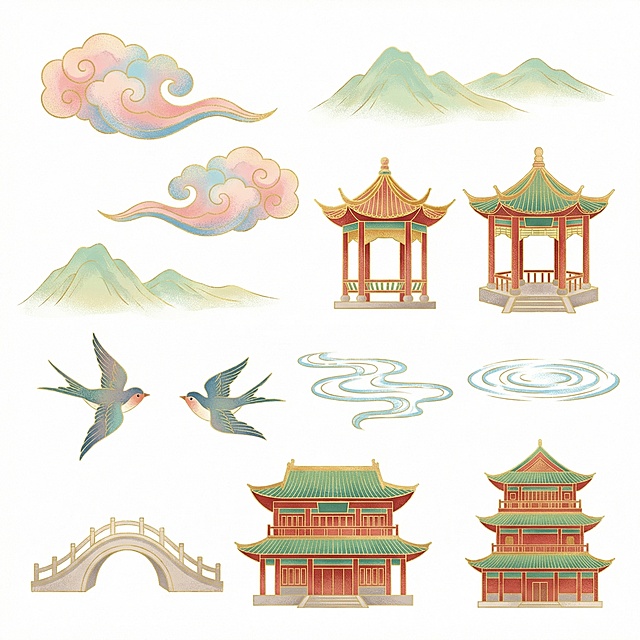 按照此风格，生成12个祥云、远山、亭台、飞鸟、水波、拱桥，楼宇等中式元素图案，白色背景