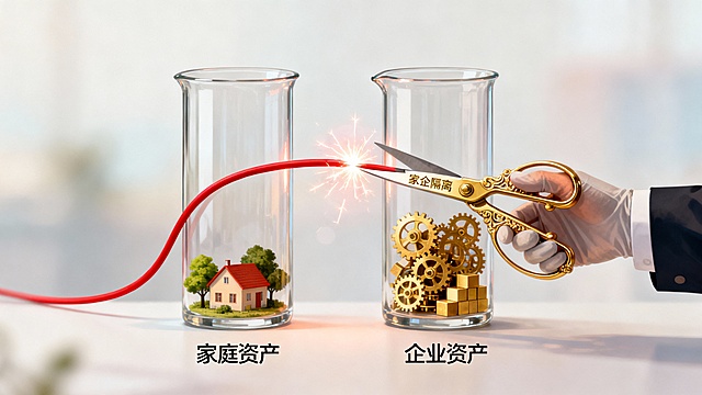 A symbolic and elegant conceptual illustration of "Family-Business Asset Isolation". Two tall, clear glass vessels stand side by side on a calm, blurred background. The left vessel contains a miniature cozy house with a green tree, representing "Family Assets". The right vessel contains intricate golden gears and building blocks, representing "Business Assets". A vibrant, crackling red wire connects the two vessels, symbolizing "Risk". A professional hand (sleeve visible) is cutting the wire with a pair of sleek, golden scissors labeled "家企隔离". The moment the wire is cut, a soft glow emanates from the point of separation. The overall composition is minimalist, focused, and metaphoric. The color palette is muted and professional, with accents of red for risk and gold for the solution. The style is clean, modern, and suitable for a professional cover or keynote slide. --style raw --ar 16:9 --v 6.0