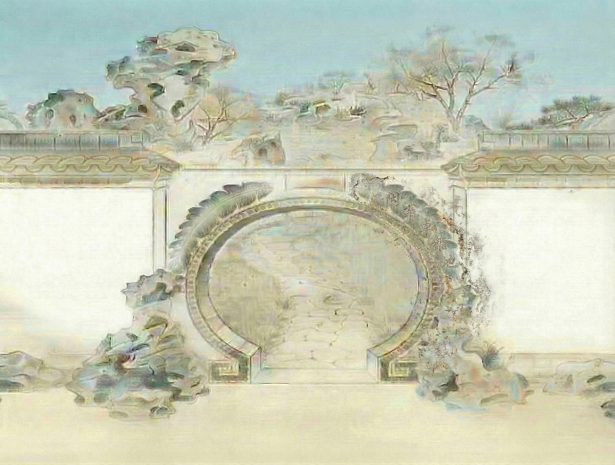将右侧蕉叶联上的“因有卓锥地”处理成模糊效果，呈现岁月侵蚀的陈旧感预览效果