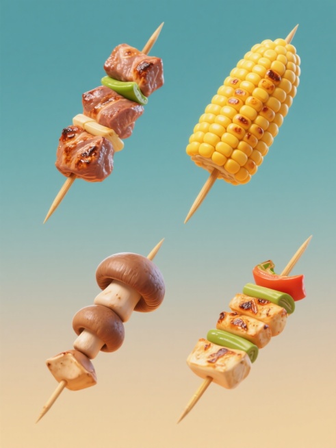 软3D风格烤串系列素材集合，四个元素规整排布，每个元素均以纯色背景呈现，整体色彩变换且同类目风格一致。第一个元素是烤肉串，肉质鲜嫩，表面带有烤制的焦香色泽，串有蔬菜点缀；第二个是烤玉米串，金黄的玉米粒饱满圆润，散发着香甜气息；第三个为烤蘑菇串，蘑菇形态各异，菌盖厚实，烤制后富有汁水；第四个是烤蔬菜。所有烤串均用竹签串起，细节丰富，具有立体的质感和生动的烤制效果，整体设计统一协调，适合作为系列素……预览效果