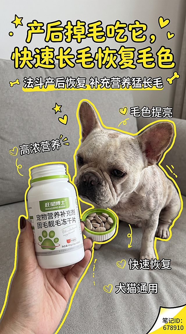 「图片1」 属于产品图片，参考         「图片1」                         这种图片，痛点：宠物春秋换毛季大面积疯狂掉毛，家里毛发满天飞，梳毛一抓一大把，日常打理麻烦
卖点：添加D-生物素+复合B族维生素，深层滋养毛囊，强韧发根，减少非正常季节性掉毛，稳固毛发附着力
使用场景：春秋换季掉毛高峰期，每日按量拌粮喂食，提前养护毛囊，缓解大范围脱毛问题
痛点：繁育期、产后、术后宠物身体虚弱，毛量锐减、毛色发白黯淡，恢复缓慢
 卖点：高浓度毛发营养配方，可酌情增量饲喂，快速补充毛囊和身体营养，帮助快速恢复毛量与毛色
使用场景：孕期、哺乳期母宠以及术后恢复期猫狗，阶段性加量喂食，加速毛发和体能恢复
，制作10张适合小红书的封面图片，还要和不同猫狗独影作为合影。尺寸：9:16