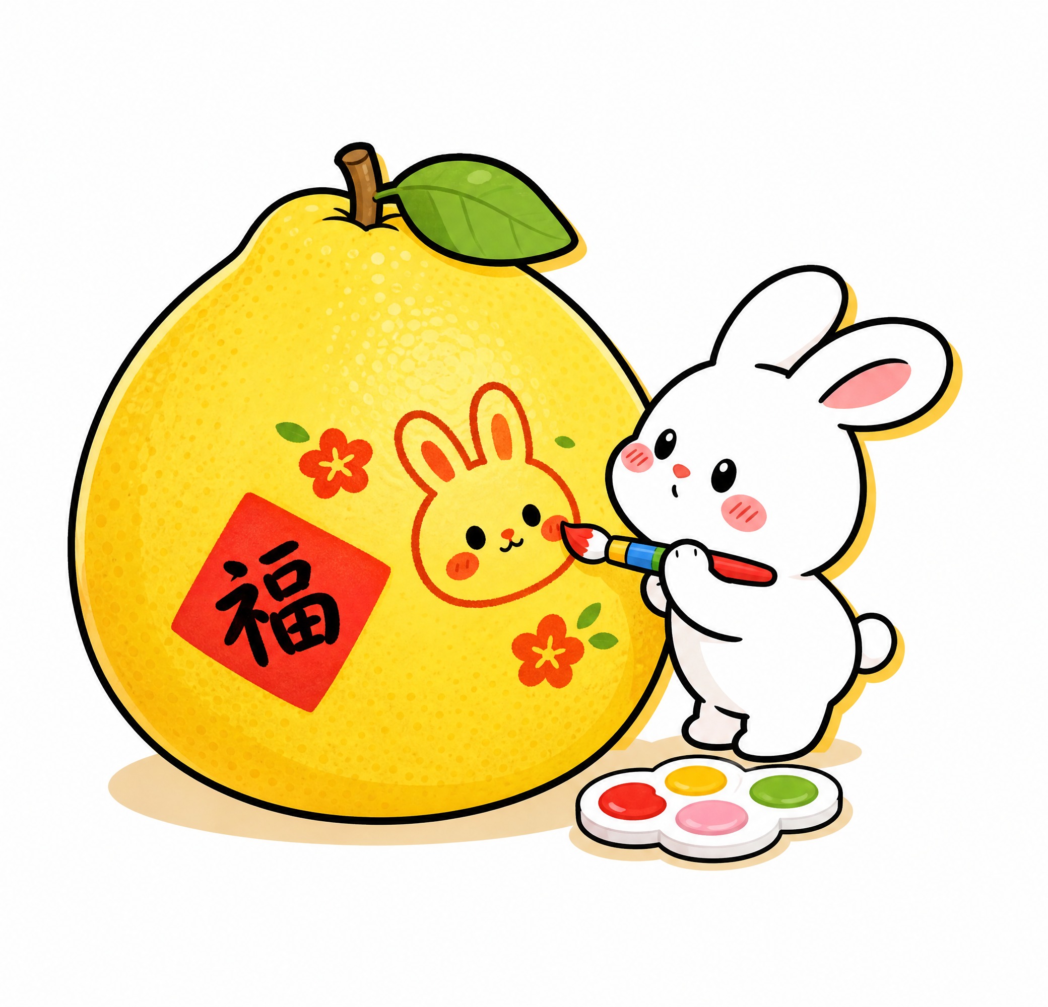 保持参考图中可爱的白色卡通兔子形象不变，兔子手拿一支彩色画笔，… - 图片创意预览