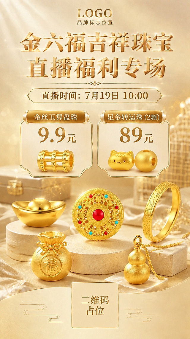 在原海报基础上，替换展示区的黄金饰品为新提供的商品图片，保持浅香槟金背景和所有文字信息、版式布局不变：
保留顶部logo预留位置，主标题"金六福吉祥珠宝 直播福利专场"、直播时间"7月19日 10:00"、优惠信息"金丝玉算盘珠 9.9元""足金转运珠（2颗） 89元"以及底部二维码占位都保持不变。
将中部展示区原有黄金饰品替换为上传新商品中的4-5款：金元宝、猫眼转运珠、小胖猫、八宝罗盘、碎冰冰金圈、福袋福字、葫芦吊坠，选择4-5款错落摆放在阶梯展示台上，保持饰品造型、细节、颜色和质感与上传图片一致，搭配自然光影，整体风格保持浅米金暖调高端奢华，排版自然协调，画面精美。
所有文字保持不变，二维码区域依然使用纯色方块占位符标注"二维码占位"，所有原有信息完整保留，仅替换展示商品。