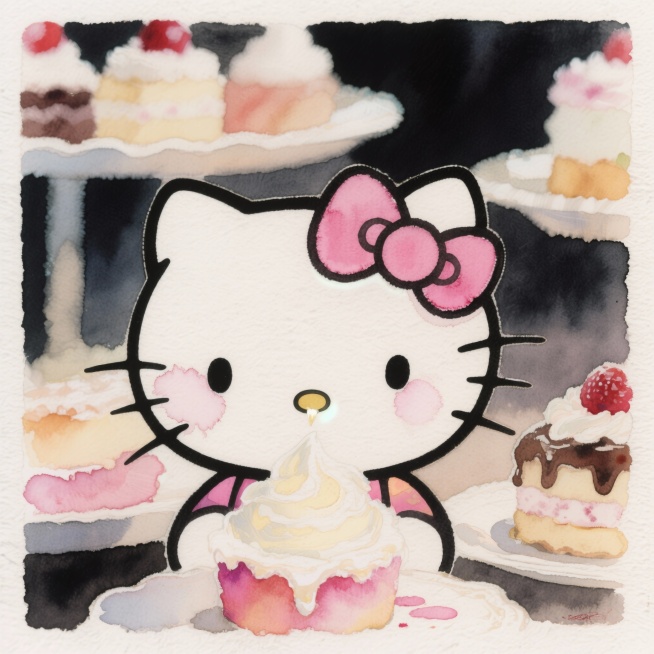 Hello Kitty头像，1:1比例，特写视角只拍半张脸+粉色蝴蝶结，脸颊沾着奶油，背景是模糊的甜品台，浅景深效果，氛围感拉满，手绘质感，8K高清，无水印预览效果
