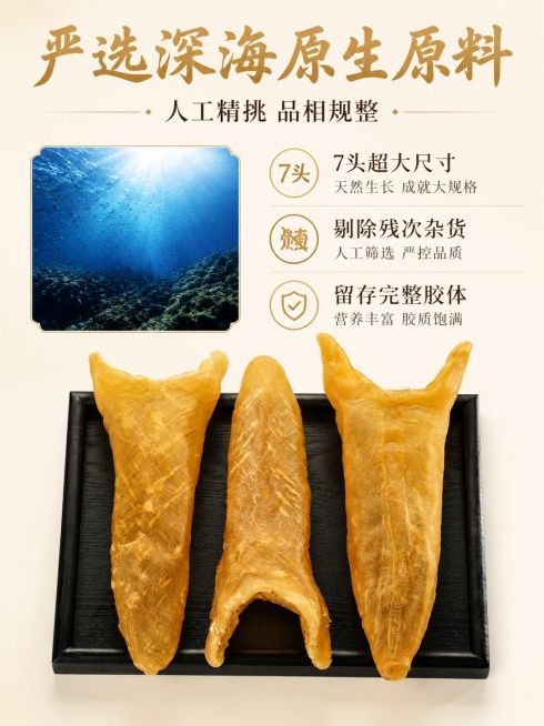 [第2屏] 核心优势展示页-7头大规格黄花胶原料优势。本屏使用【图3】作为黄花胶主体展示。
[氛围/风格] 高端滋补食材视觉，真实深海原料氛围，简约高级商业摄影。
[元素布局] 三张黄花胶平铺在画面中预览效果