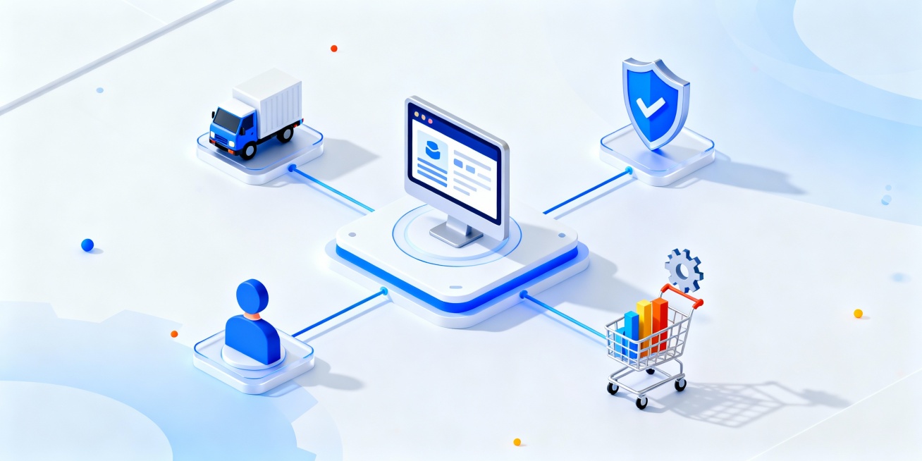 中间平台上一个电脑图标，电脑屏幕显示简化的系统界面，向周围发散线条连接订单、货车、盾牌、购物车、人物头像、数柱状图表、齿轮科技风格立体图标，形成协作平台，3D渲染，浅蓝色白色渐变配色，搭配少量相似色和预览效果