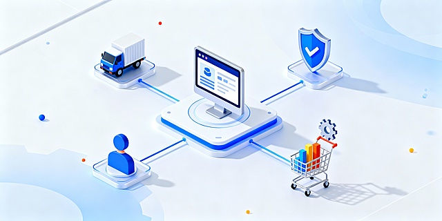 中间平台上一个电脑图标，电脑屏幕显示简化的系统界面，向周围发散线条连接订单、货车、盾牌、购物车、人物头像、数柱状图表、齿轮科技风格立体图标，形成协作平台，3D渲染，浅蓝色白色渐变配色，搭配少量相似色和点睛色做点缀，严肃活泼，空间感，弥散阴影，主体突出，中心构图，黄金分割，结构合理，逻辑清晰，无杂乱元素，简洁现代的设计语言和统一的视觉权重，整体呈现科技感与专业性，等轴侧视角，色彩明亮活泼，无文字，生成三张供选择