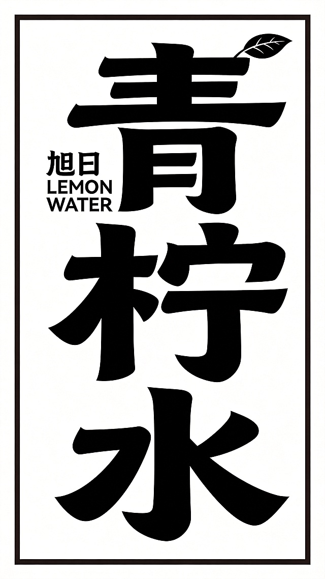 设计一款全新品牌字体，保持与前两款相同风格，干净纯白色背景，黑色字体，主体文字为竖向排列的'青柠水'，上方有小字'旭日 LEMON WATER'，在'柠'字右上角添加一片叶子装饰，字体为粗黑体，笔画粗重硬挺，竖向堆叠构图，整体结构紧凑，文字整体必须完整呈现在画面内不可被裁切，四周留有安全边距