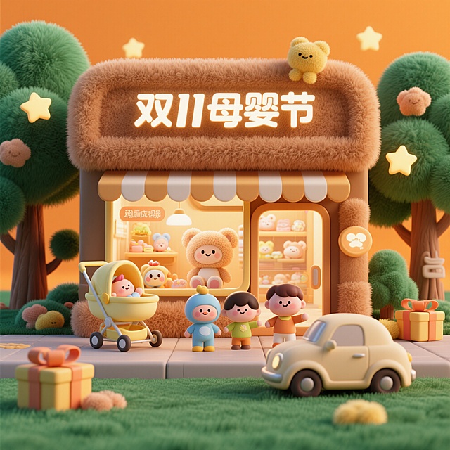 毛绒质感微缩场景双11母婴节插画：暖棕色母婴店铺带"双11母婴节"招牌，橱窗陈列母婴玩偶，店前浅黄色婴儿车（内有卡通婴儿）、3个互动卡通小人、米色小车及毛绒树木，周围点缀毛绒礼盒与星星，背景暖橙色，整体温馨童趣