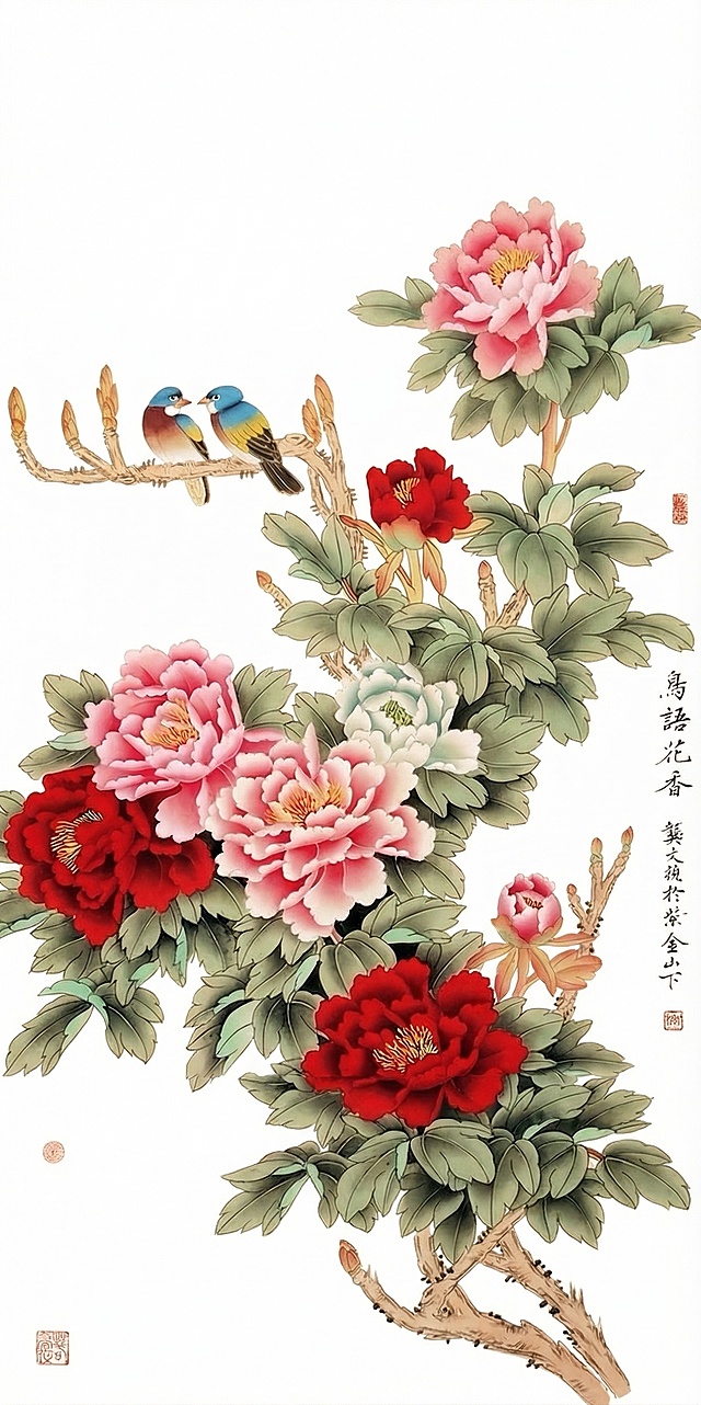 将这幅工笔画牡丹花鸟图的背景更换为纯白色背景，保留画面中所有的花卉、枝叶、鸟类、文字和印章内容，保持原图的绘画风格和细节不变