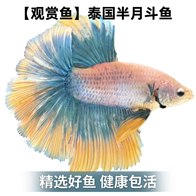 [主图 1] 泰国半月斗鱼商品首图。
[氛围风格] 真实商业摄影，干净清爽商品展示风
[画质] 商业摄影质感、光线柔和通透、斗鱼清晰真实、画面干净高级
[元素] 泰国半月斗鱼居中展示，突出夸张宽大的扇预览效果