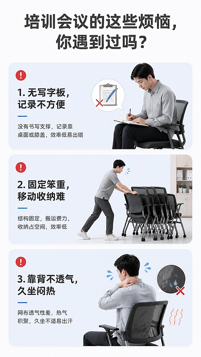 [第2屏] 痛点直击-传统培训椅常见问题。
[氛围/风格] 简约商务风格，浅灰背景，清晰图文排版，问题可视化呈现。
[元素布局] 分三个问题卡片上下排列，每个卡片配一个简单场景示意图，从上到下分别为：1. 无写字板，记录不方便；2. 固定笨重，移动收纳难；3. 靠背不透气，久坐闷热；卡片之间留白分隔，整体干净不拥挤。
[光影质感] 均匀柔光，卡片文字清晰，图示层次分明。
[配色色系] 全局底色 #F5F6F7；主色深灰文字；辅助色浅蓝卡片底色，红色警示小标。
[视角构图] 竖版从上到下阅读动线，信息分区清晰。
[文字版式] 顶部大标题「培训会议的这些烦恼，你遇到过吗？」，每个问题卡片配加粗标题和短句说明，文字清晰不拥挤，适合手机阅读。
[比例分辨率] 9:16 竖版比例，4K分辨率，文字清晰可辨，高清画质。
[负向提示词] 文字错乱，文字过小，背景杂乱，构图拥挤，阴影模糊。