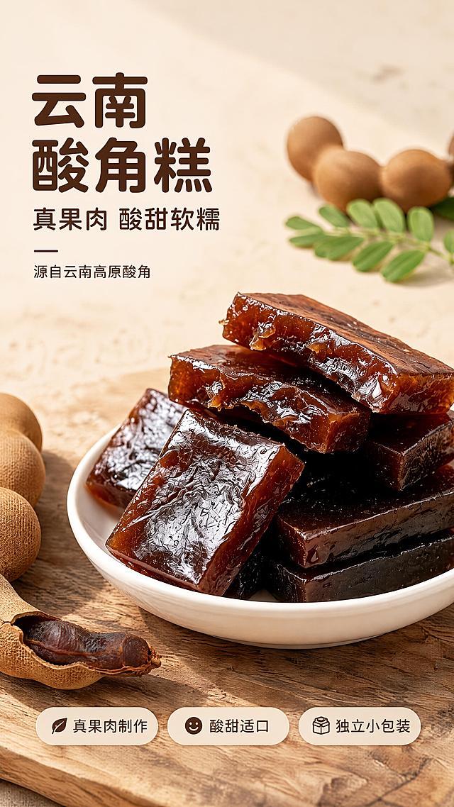 [第1屏] 详情页头图-酸角糕食欲氛围主视觉海报。本屏使用【图1】作为商品主体，保持产品外观、颜色、质地与原图一致。
[氛围/风格] 商业美食实拍风，高清写实，真实不夸张，自然光感，食欲感强，温润治愈氛围。
[元素布局] 白色瓷盘堆叠的酸角糕置于画面中下偏右，占比约60%-65%；左上留标题区，背景为浅米色干净台面，散落2-3颗完整酸角果和一片绿叶作为点缀；前景有轻微虚化的木质桌面纹理，增加层次。酸角糕保持深棕红琥珀色、表面光泽水润、方块状结构与原图一致。
[光影质感] 左上方45°柔和自然光，右侧补光，酸角糕表面形成自然高光，底部有柔和投影，整体明亮通透，质感真实。
[配色色系] 全局底色 #F7F1E6（浅米杏色）；主色深棕红（酸角糕本色）；辅助色暖木色、叶绿点缀；字色深棕色 #5C3A1E。
[视角构图] 正面微俯视45°，产品为视觉中心，阅读动线左上标题 → 中部产品 → 底部卖点条。
[文字版式] 左上标题区 + 右侧产品 + 底部信息条。主标题「云南酸角糕」，副标题「真果肉 酸甜软糯」，圆角黑体字左对齐；标题下方小字「源自云南高原酸角」；底部3个圆角胶囊卖点：「真果肉制作」「酸甜适口」「独立小包装」；文字不遮挡产品主体。
[比例分辨率] 9:16竖版比例，4K分辨率，文字清晰可辨，高清画质。
[负向提示词] 畸形、扭曲、模糊、塑料质感、过度发光、卡通、二次元、水印、多余文字、杂乱杂物、AI绘画瑕疵、不自然纹理、超高饱和度、色差严重、果肉虚假、边缘融化变形、虫眼、发霉、变质、不干净。