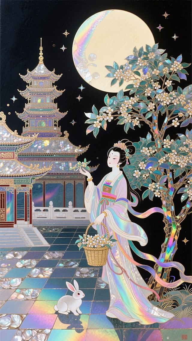 中式风格，华丽高耸的广寒宫外，嫦娥衣摆飘逸，手提着一个装满桂花的精致竹篮，她的旁边是一棵高达茂盛的大桂花树，小玉兔在桂花树下玩耍，广寒宫外的地面是宫砖，画面背景是一轮巨大的圆月，圆月在画面剧中的位置，天空有一些小星星，透视正确，画面饱满。