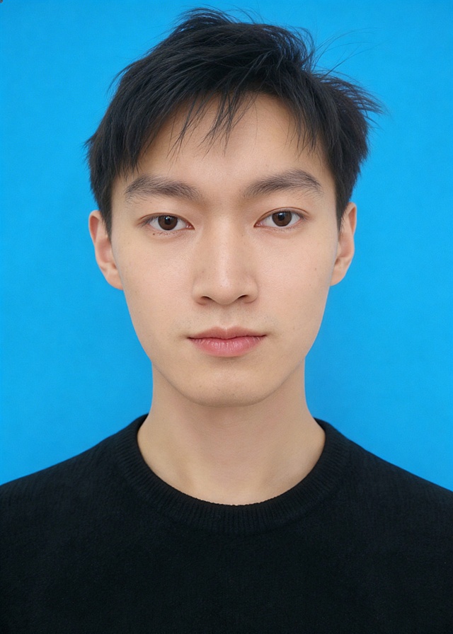 保留第一张图中人物发型、脸型、年龄特征生成标准样式纯正面证件照;人物主体严格居中,头部大小与位置严格对齐第二张图,双肩水平平衡,面部中轴线对齐画面中心,正视前方;标准证件照构图,人物绝对居中;头顶上方距离上边缘高度10%,下巴距离画面下边缘高度30%,人物主体占比约68%;肩部平展与画面水平轴平行;头部占比严格对齐第二张图;提亮肤色,消除暗沉,清透裸妆,隐形毛孔,均匀肤色,唇色自然提亮;肤色白皙细腻,肤质呈现匀净哑光质感(自然白皙);轻透裸妆+重点提亮;唇色润泽(半哑光质地);眼神澄澈,看向镜头,气质自信,嘴角微微上扬表情自然;耳廓可见度一致;肩部平展,肩线与画面水平轴平行;头肩比例协调呈现;免冠,不戴帽子,无头饰,无发带;不戴眼镜,保留面部痣;柔和正面顺光均匀柔光,面部明亮无硬影,背景均匀提亮,画质清晰,零噪点降噪;面部清晰;背景亮度均匀统一;高清锐利画质,细节清晰可见;零噪点处理;色彩还原自然;均匀柔和布光,无明显阴影,面部光影干净,柔光正面打光,自然光影过渡,皮肤质感细腻,哑光质感;标准焦段50mm,纯正面,入境范围头部至胸部以上区域,F/4光圈(兼容F/2.8-F/4区间),平视视角(镜头与人物视线完全齐平),正视视图;人物绝对居中(居中构图),位于画面中心;严格限定标准证件照规格;视线水平(瞳孔连线与画面水平线平行);双耳对称露出,双肩水平且平衡,头部占比严格对齐垫图,禁止大头照(画面铺满画布,无边框留白);专业证件照质感,高清人像质感,细腻皮肤纹理;严格按照第一张图内容生成,分辨率4K;身着黑色圆领针织毛衣;极简纯色蓝色背景，背景色为标准蓝#438EDB;背景亮度均匀且统一(哑光质感);禁止裁切头顶, 禁止额头被截, 禁止超大头, 禁止主体溢出画面, 禁止偏头/倾斜;头顶上边距8-10%, 头部高度60-68%, 双眼高度56-58%, 严格对齐第二张垫图;画面比例5:7