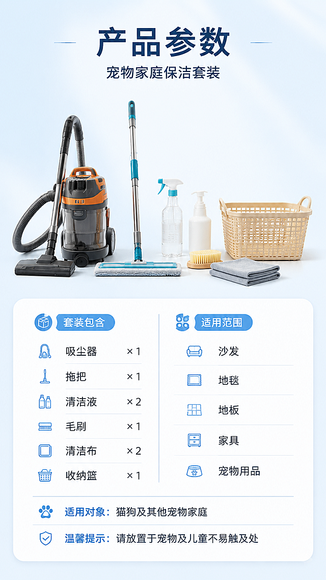 [第11张] 规格参数页-产品信息卡。本张使用【图1】中的清洁工具套装作为产品标准照参考。
[氛围/风格] 清晰专业参数风，简洁明了，信息易读，商业摄影+信息卡结合质感。
[元素布局] 画面上半部分展示清洁工具套装全家福标准照（吸尘器、拖把、清洁喷雾瓶×2、毛刷、清洁布、收纳篮整齐摆放），产品占比约40%。下半部分为参数信息卡，分左右两列清晰列出产品规格参数。背景为浅蓝渐变+白色卡片底。
[光影质感] 均匀柔光打亮产品，正面无阴影，产品轮廓清晰，颜色准确，整体干净专业。
[配色色系] 全局底色 #F5F9FC 浅蓝白；主色清新蓝；辅助色深灰文字+白色参数卡+浅灰分隔线。
[视角构图] 上下分栏布局，上产品下参数，阅读动线：顶部标题 → 产品全家福 → 参数表从上到下。
[文字版式] 顶部标题+产品图+参数信息卡。主标题「产品参数」，副标题「宠物家庭保洁套装」，深蓝黑体；参数卡分两列：左侧「套装包含」列出：吸尘器×1、拖把×1、清洁液×2、毛刷×1、清洁布×2、收纳篮×1；右侧「适用范围」列出：沙发、地毯、地板、家具、宠物用品；下方补充「适用对象：猫狗及其他宠物家庭」「温馨提示：请放置于宠物及儿童不易触及处」；表格清晰，字号适中。
[比例分辨率] 9:16 竖版比例，4K分辨率，文字清晰可辨，高清画质。
[负向提示词] 变形，水印，文字错乱，文字过小，产品缺件错件，结构错误，颜色偏差，参数模糊。