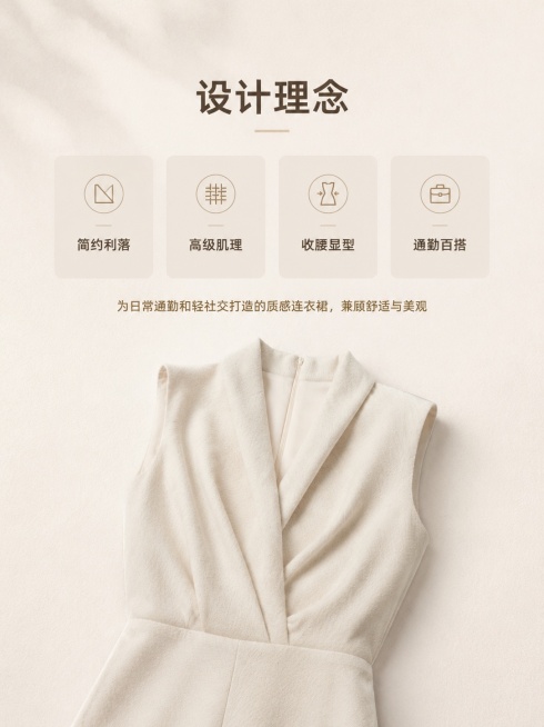 [第2屏] 设计理念页-米杏色无袖收腰长款连衣裙设计灵感说明。本屏使用【图1】提取商品色彩和面料质感。
[标题版式] 现代无衬线字体，标题居中，主标题字粗，关键词色块衬底，上下留白透气。
[氛围/风格预览效果