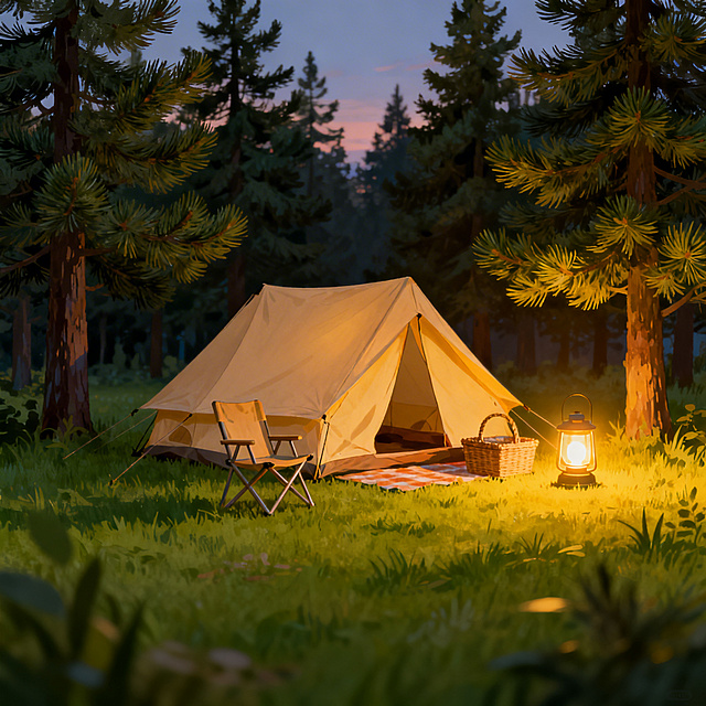 插画风格的露营场景，画面中有搭建好的米色帐篷，周围是绿色的草地和高大的松树，傍晚时分暖黄色的露营灯亮起，旁边放着折叠椅和野餐篮，整体氛围温馨治愈，色彩柔和丰富，细节清晰