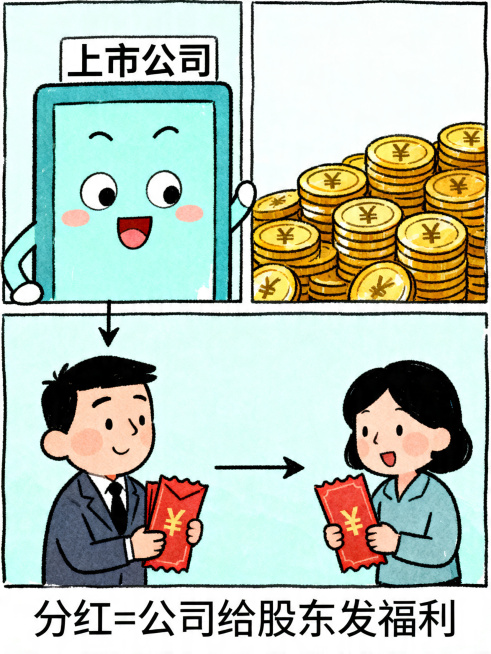 漫画分格，上边画上市公司卡通形象，旁边堆满盈利金币；下边画手持股票的散户卡通人物，有箭头连接公司和散户，在画面下方配文字"分红=公司给股东发福利"，线条简洁明快，色彩清新，手绘风格预览效果