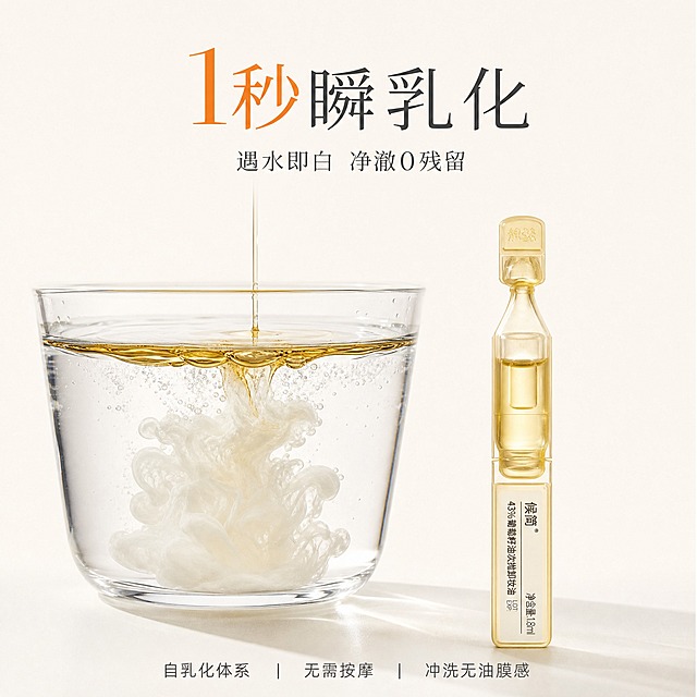 [主图-3] 1秒瞬乳化功效展示，主题为1秒乳化 净澈0残留。
[统一基调] 米白色（#F7F5F0）背景，墨灰色（PANTONE 432C）主标题文字，暖橘色（#E8833A）极少量点缀，哑光质感，极简排版，大面积留白，高级商业摄影质感，细衬线字体。
[画面] 画面采用左右分栏极简构图。左侧：一只透明玻璃皿中，金黄色卸妆油滴入清水中，瞬间乳化变成乳白色云雾状扩散，捕捉乳化发生的瞬间动态，油水分界清晰可见乳化过程。右侧：放置一支次抛卸妆油安瓶，安瓶直立，金黄色油体通透。画面上方大号主标题"1秒瞬乳化"，主标题下方小字"遇水即白 净澈0残留"。画面底部三行小字卖点："自乳化体系 无需按摩 冲洗无油膜感"。暖橘色用于"1秒"中的数字做点缀。
[光影质感] 柔和侧光，玻璃皿通透有反光，乳化的乳白色云雾质感细腻真实，水波纹自然，安瓶油体光泽感强，整体光影干净有科技感。
[配色] 米白背景，墨灰文字，金黄色油体和乳白色乳化液为画面主色彩，暖橘色极少量点缀。
[文字版式] 主标题大号细衬线墨灰色居上方居中，辅助文案缩小50%同色系，底部卖点文字小号排列，所有文字不遮挡核心实验画面。
[输出要求] 1:1正方形比例，2K分辨率，乳化效果真实清晰，产品不变形，文字清晰无错字，画面干净极简，无水印无平台Logo。