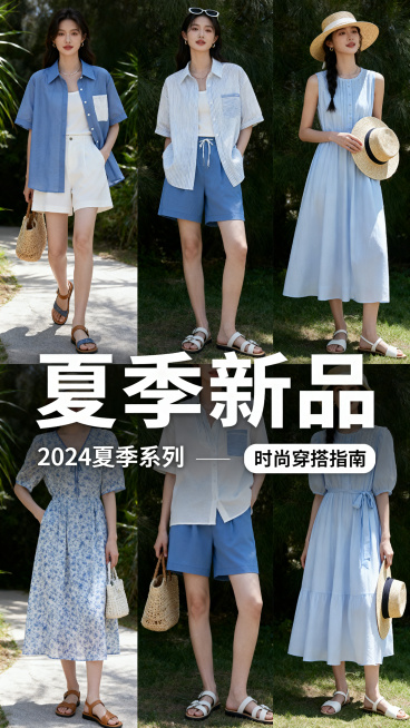 夏季新品服装主题轮播海报，清凉蓝白色调，展示夏日时尚穿搭，简约高级预览效果